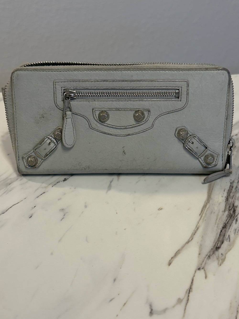 Balenciaga Light Gray Leather Zip-Around Wallet with Silver Hardware